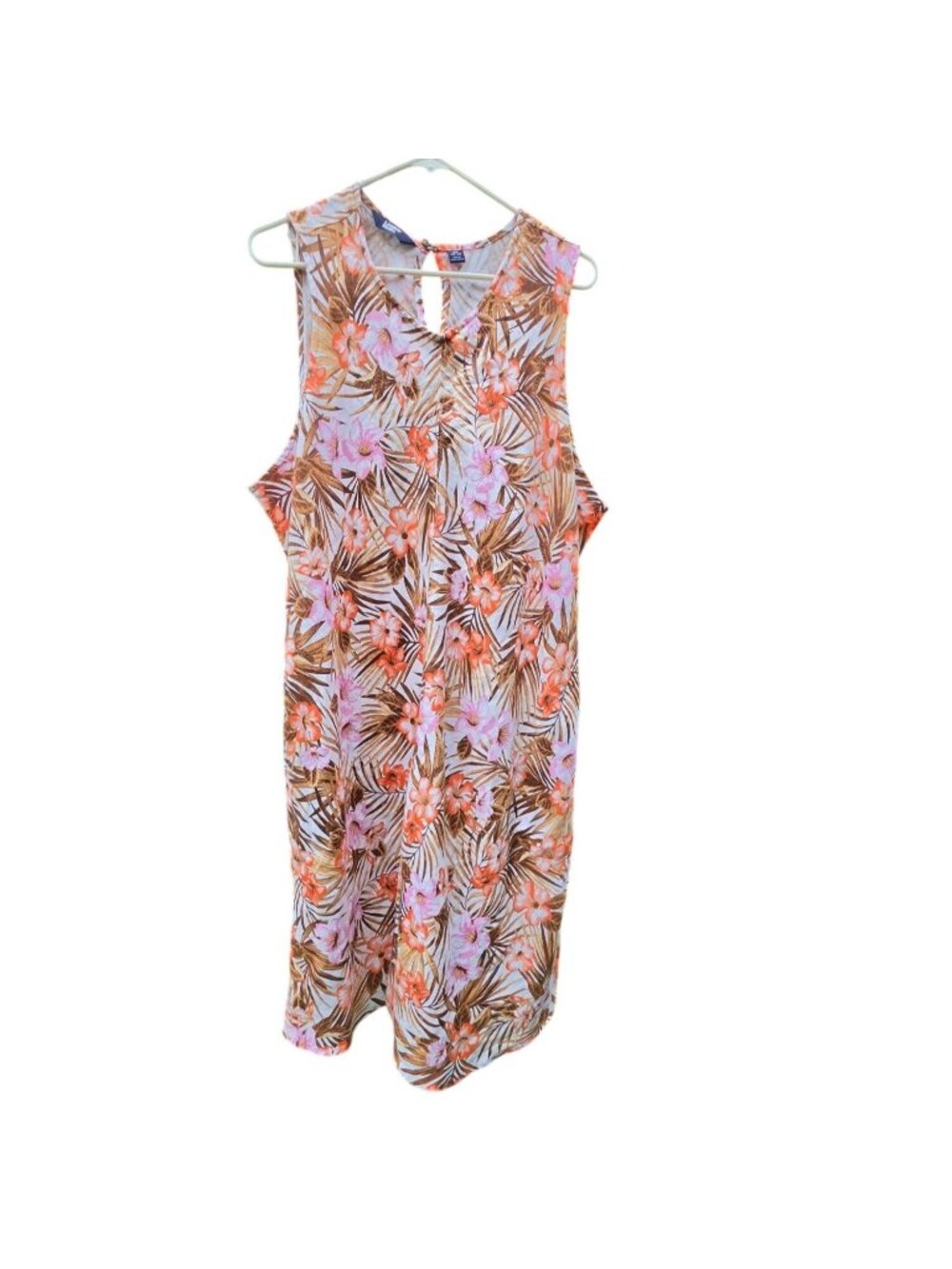 Lands' End 100% Linen Tropical Shift Dress Plus 2X Pockets Hibiscus Floral EUC